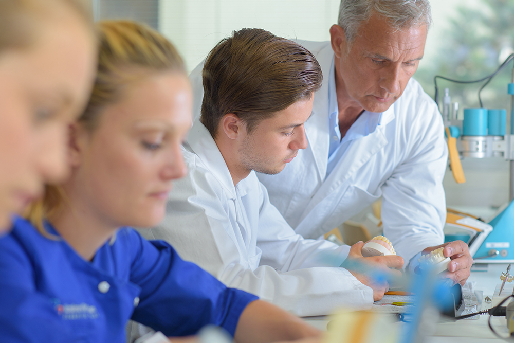 Male and female doctors looking at dental molds and items